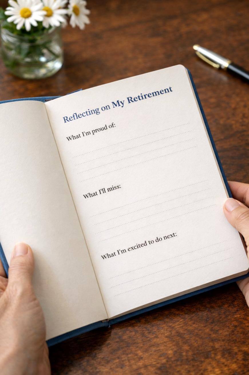 A person holds an open journal titled Reflecting on My Retirement with prompts: What Im proud of, What Ill miss, and What Im excited to do next. A pen and flowers are on the wooden table.