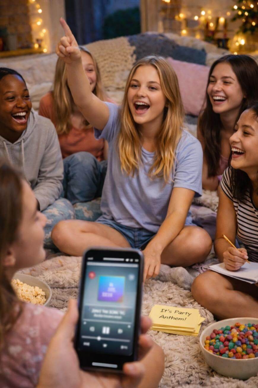 A group of smiling teenage girls sit in a cozy, decorated room, playing a game. One girl points excitedly while another holds a notepad. Snacks and a phone displaying a music app are visible in the foreground.