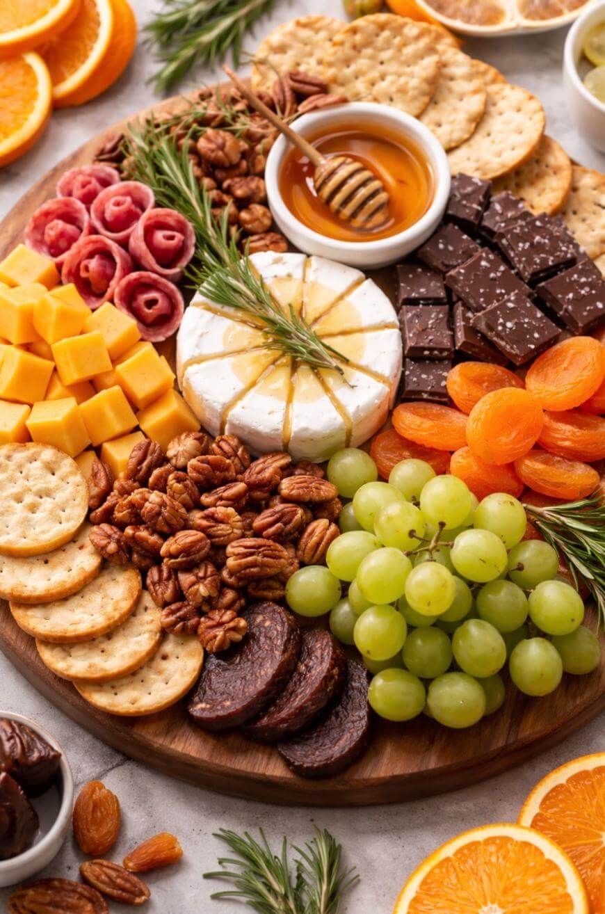 A round wooden platter with crackers, cheese cubes, grapes, dried apricots, pecans, chocolate, salami slices, raspberries, a wheel of brie with honey, and rosemary, surrounded by orange slices.