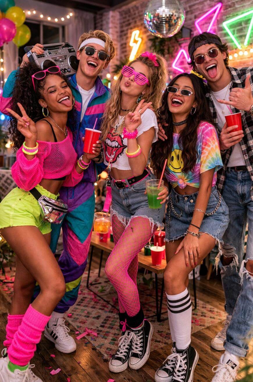 Five friends in colorful, retro 1980s outfits pose at a party, smiling and making peace signs. They hold drinks, with vibrant decorations, string lights, and a disco ball in the festive background.
