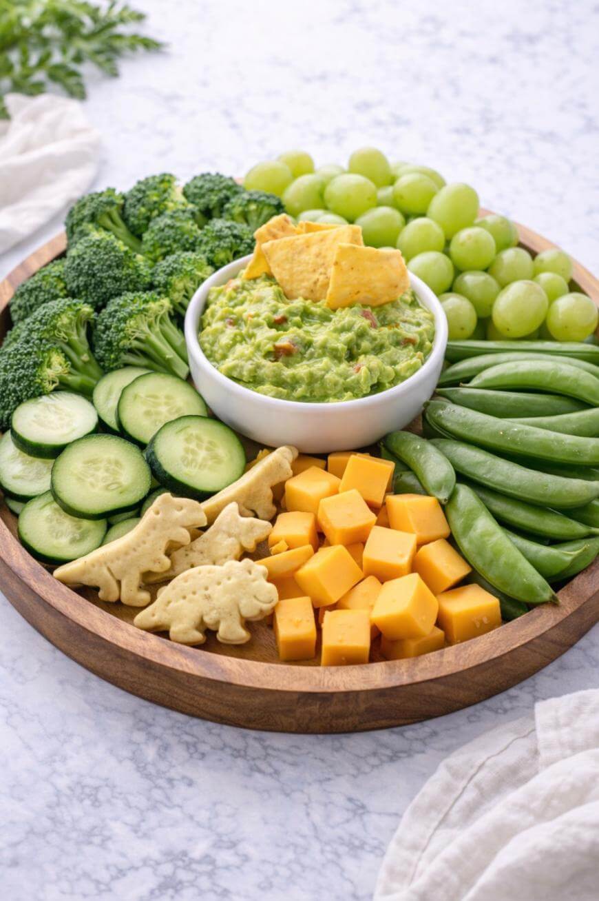 A round wooden platter with broccoli, cucumber slices, green grapes, snap peas, cheddar cheese cubes, animal crackers, and a bowl of guacamole topped with tortilla chips in the center.