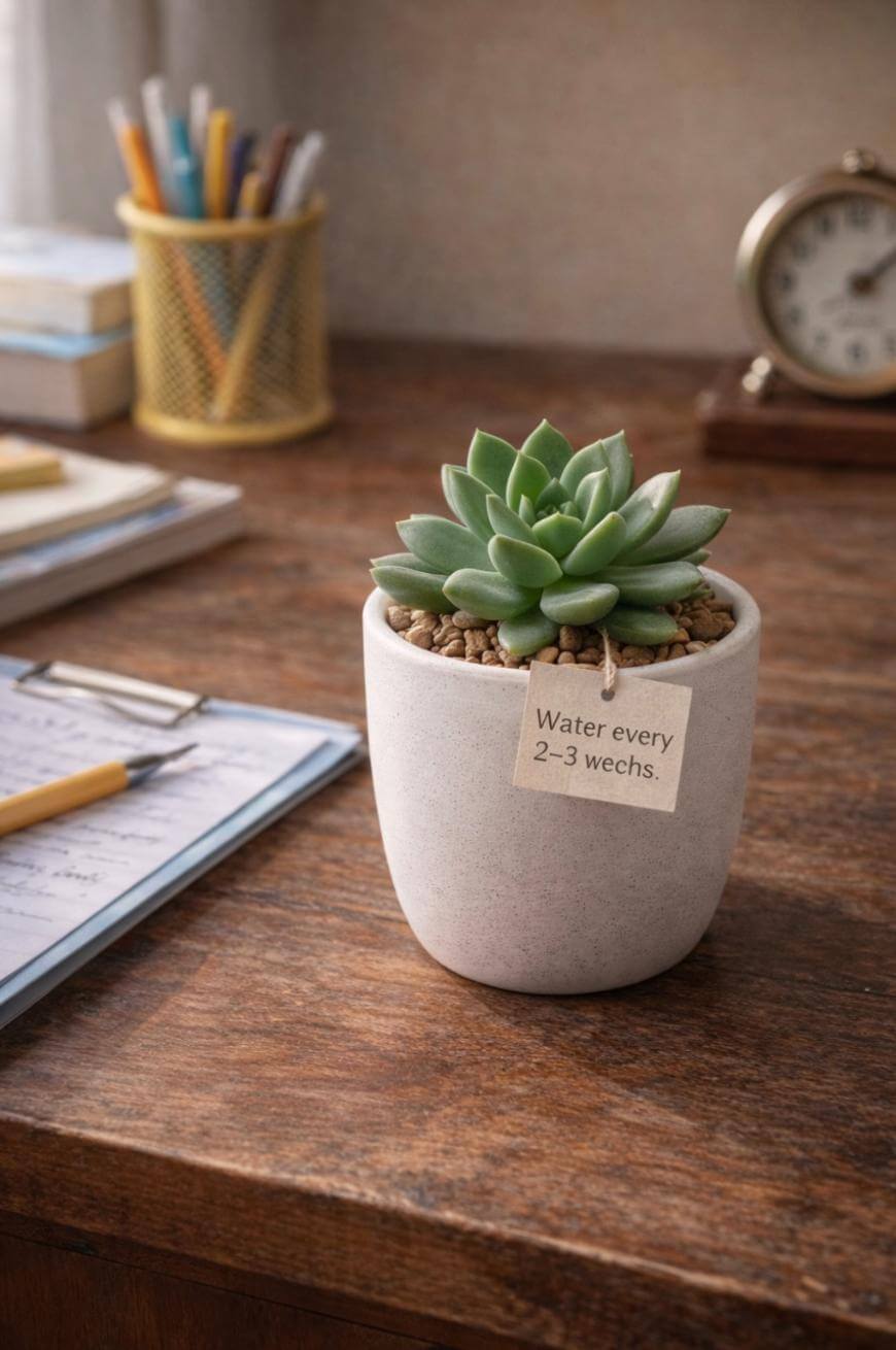 A small green succulent in a white pot sits on a wooden desk. A note on the pot reads, Water every 2–3 weeks. Nearby are a notebook, pencil, clock, and a cup holding pens and pencils.