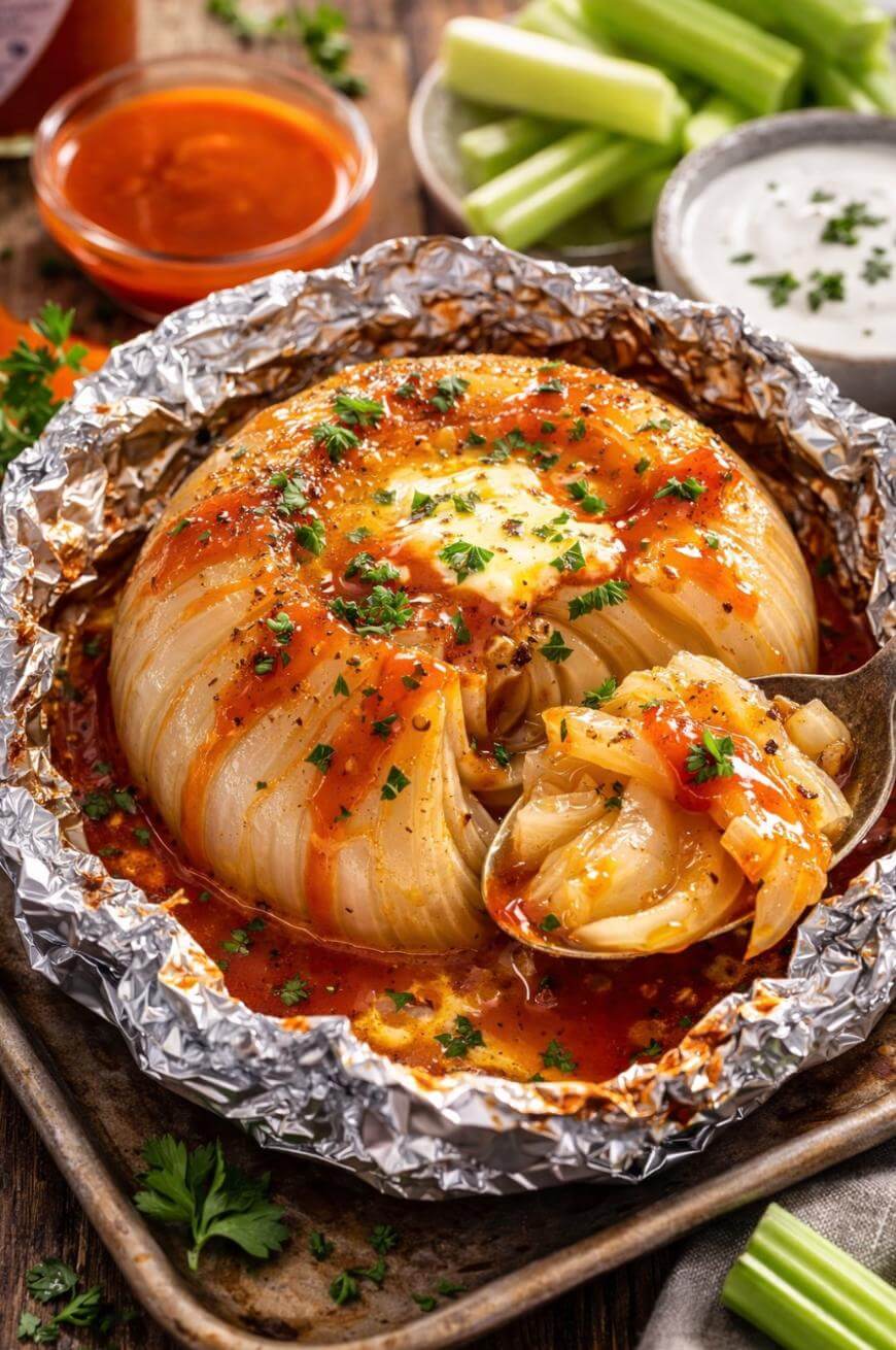 A baked onion topped with butter, parsley, and hot sauce sits in foil on a tray. A spoon scoops some onion, with celery sticks and a bowl of ranch dressing in the background.