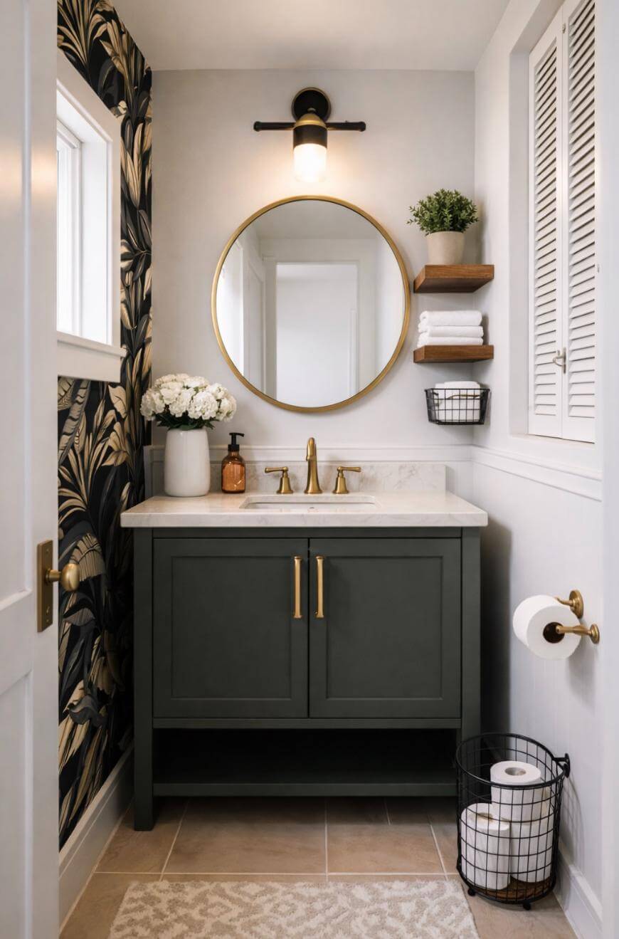 A modern bathroom with a dark green vanity, gold hardware, round mirror, wall sconce, floral wallpaper, floating shelves with towels and plant, and a wire basket for toilet paper on the floor.