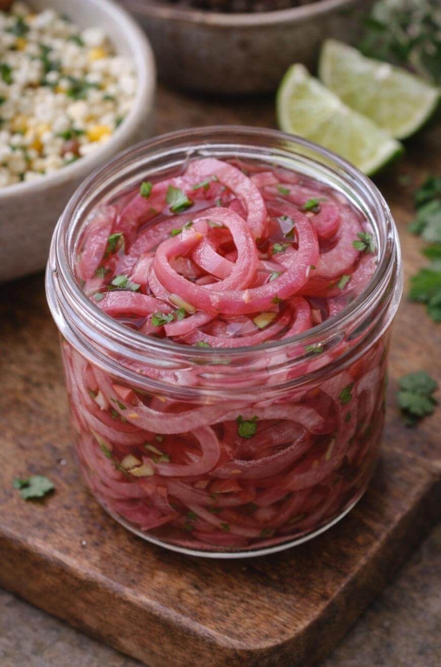A glass jar filled with pickled red onions garnished with chopped herbs sits on a wooden surface, with lime wedges and a bowl of grain salad in the background.