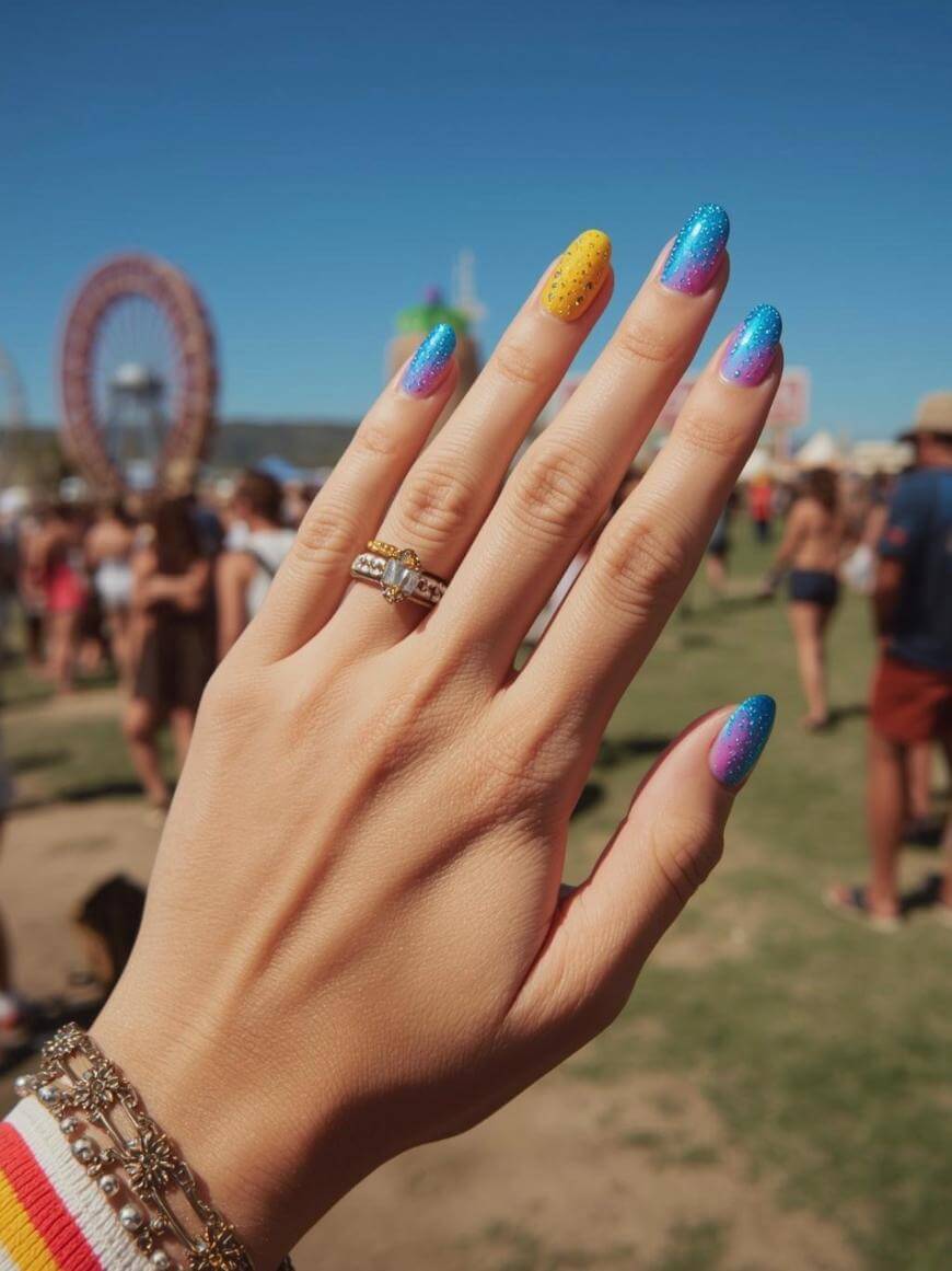 A hand with colorful, gradient nail art—blue, purple, and yellow with glitter and dots—is shown with rings and bracelets. The background features a blurred outdoor festival, a ferris wheel, and people in summer attire.