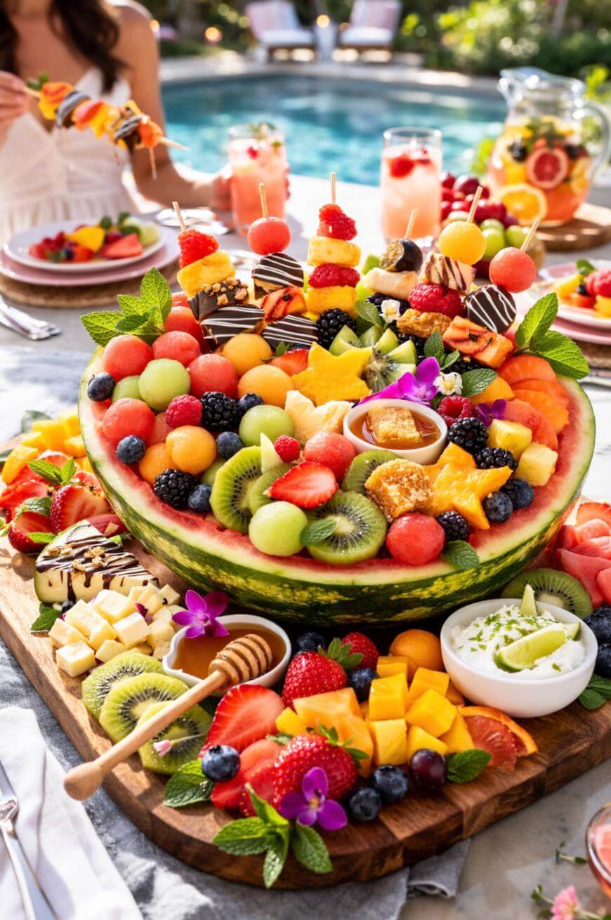 A vibrant summer fruit platter features a watermelon bowl filled with assorted fruit balls, surrounded by sliced kiwi, berries, pineapple, mango, and fruit skewers, set on a table by a pool with drinks and dipping sauces.