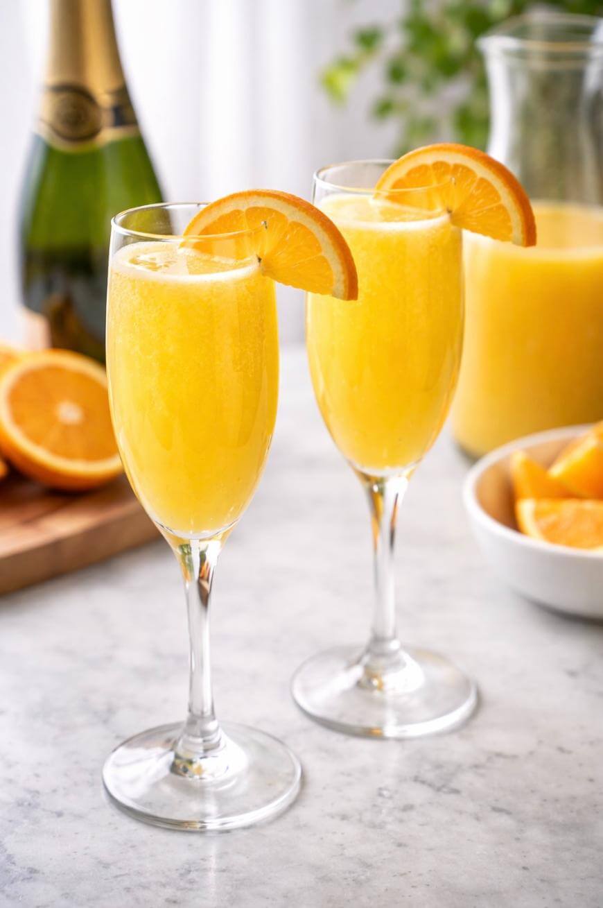 Two champagne flutes filled with orange mimosa cocktails, each garnished with a slice of orange. A bottle of champagne, orange juice, and cut oranges are visible in the background on a marble countertop.