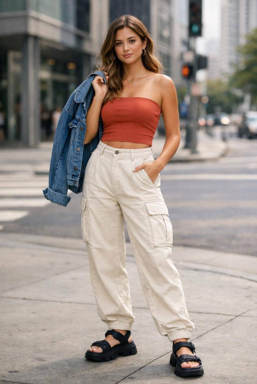 A woman stands on a city sidewalk wearing a burnt orange strapless top, beige cargo pants, black sandals, and holding a blue denim jacket over her shoulder. She has long brown hair and is looking at the camera, with one hand in her pocket.