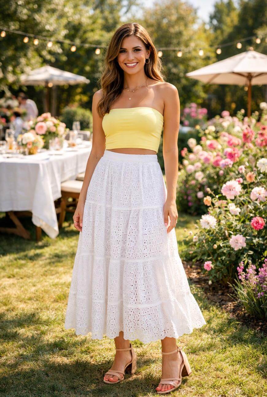 A woman in a yellow strapless top and white eyelet skirt stands smiling in a garden with blooming flowers. She wears heeled sandals. A decorated outdoor table and umbrellas are visible in the background.