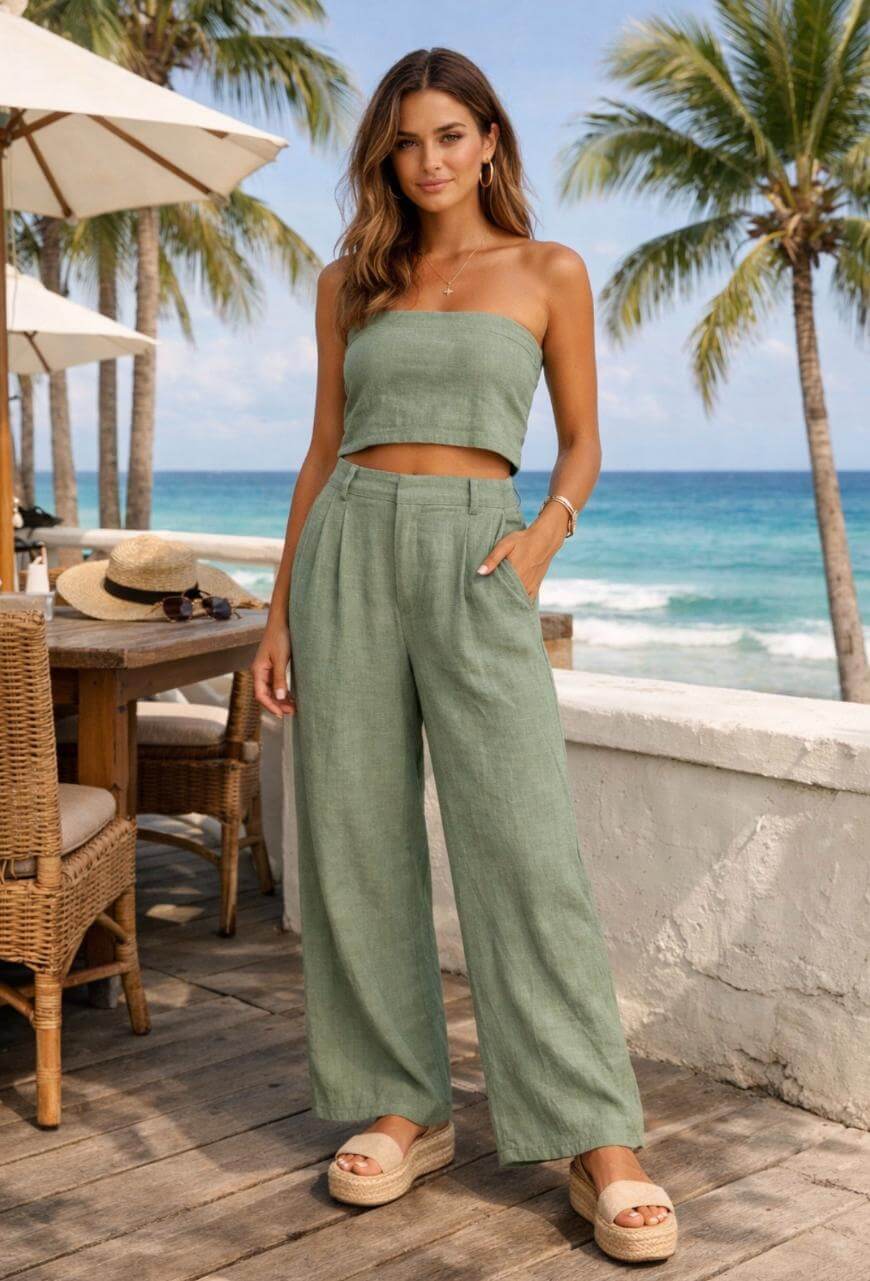 A woman stands on a wooden patio by the ocean, wearing a light green strapless top and matching wide-leg pants. Palm trees, wicker chairs, and umbrellas are in the background, creating a relaxed, tropical beach setting.