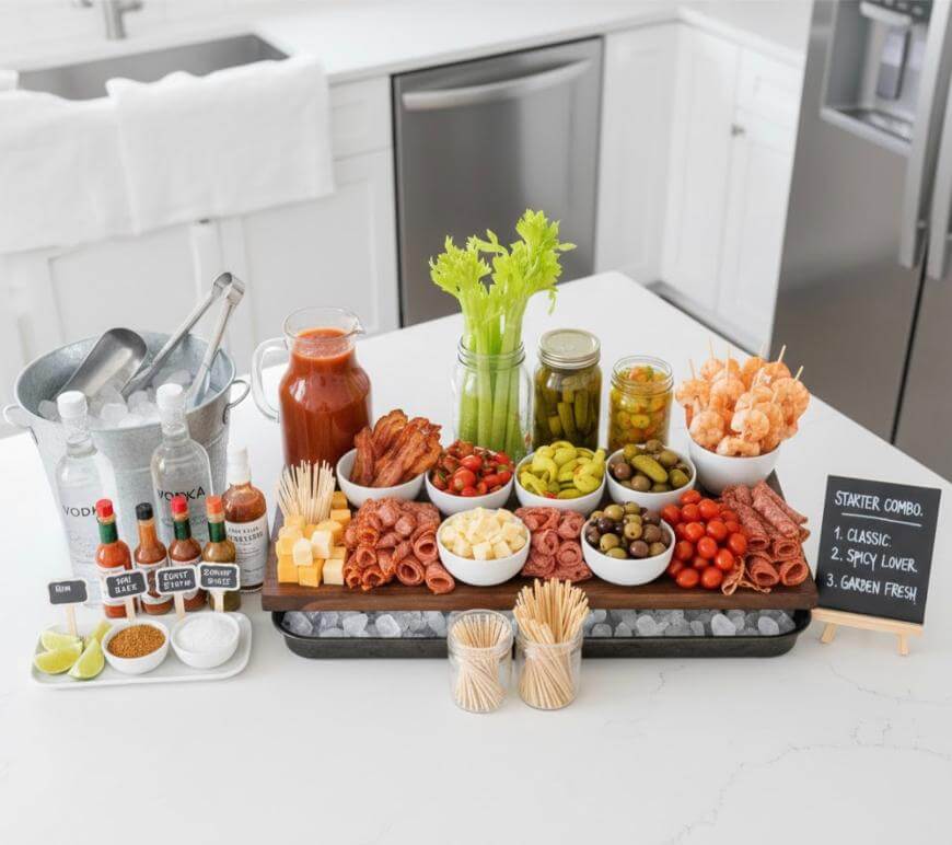 A Bloody Mary bar on a kitchen counter includes bottles, glasses, mixers, garnishes like celery, olives, shrimp, and meats, with plates, utensils, and labeled drink options displayed alongside.