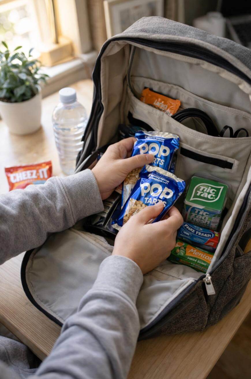 A person packs snacks including Pop-Tarts, Tic Tac, Cheez-It, and Nature Valley bars into a gray backpack on a wooden table, with a water bottle and a potted plant nearby.