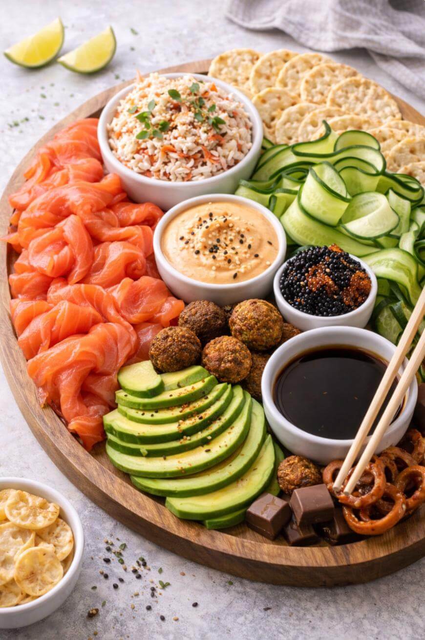 A platter with sliced salmon, avocado, cucumber ribbons, rice, falafel, crackers, chocolate, pretzels, lime wedges, caviar, soy sauce, and a creamy dip, all arranged neatly in bowls and sections.