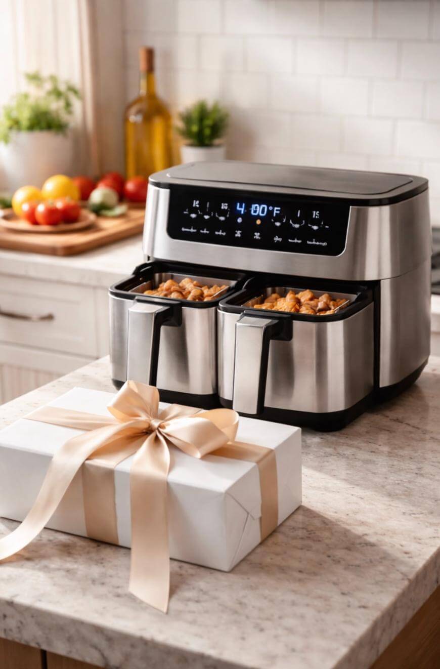 A stainless steel dual-basket air fryer sits on a kitchen counter with cooked food inside. In front of it is a white gift box tied with a beige ribbon. Fresh vegetables and a bottle of oil are in the background.