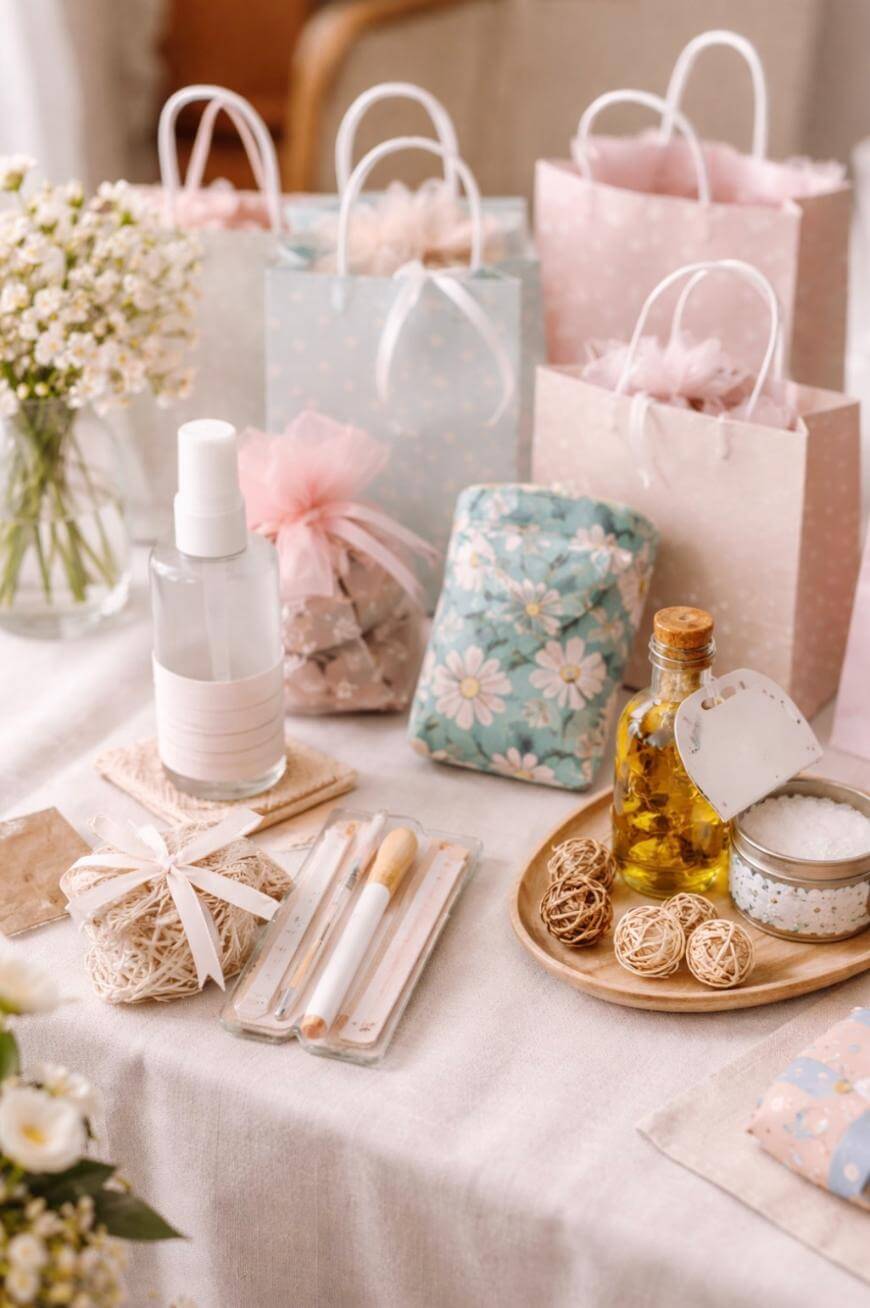 A table displays pastel gift bags, wrapped presents, a bottle of oil, a spray bottle, bath brushes, soap, decorative rattan balls, and a small bouquet of white flowers, creating a spa-like, gift-giving scene.