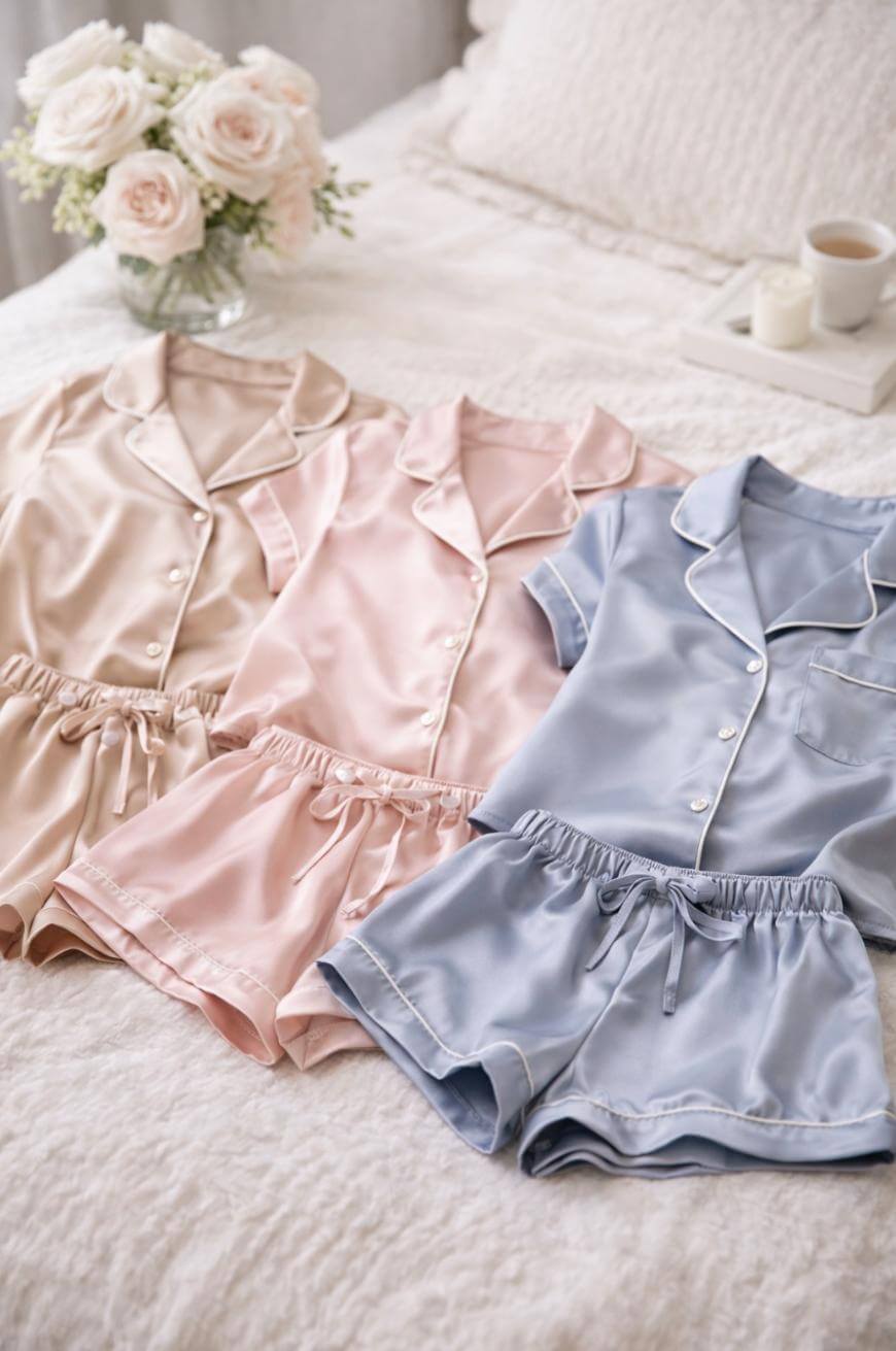 Three sets of silky pajamas in beige, pink, and blue are neatly laid out on a bed. A vase of white roses and a tray with a cup and saucer are in the background, adding a cozy touch.
