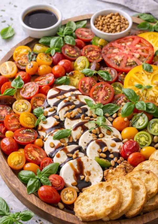 A round wooden platter with sliced tomatoes in various colors, mozzarella, fresh basil, pine nuts, slices of toasted bread, and a drizzle of balsamic glaze, with small bowls of dipping sauce and pine nuts on the side.
