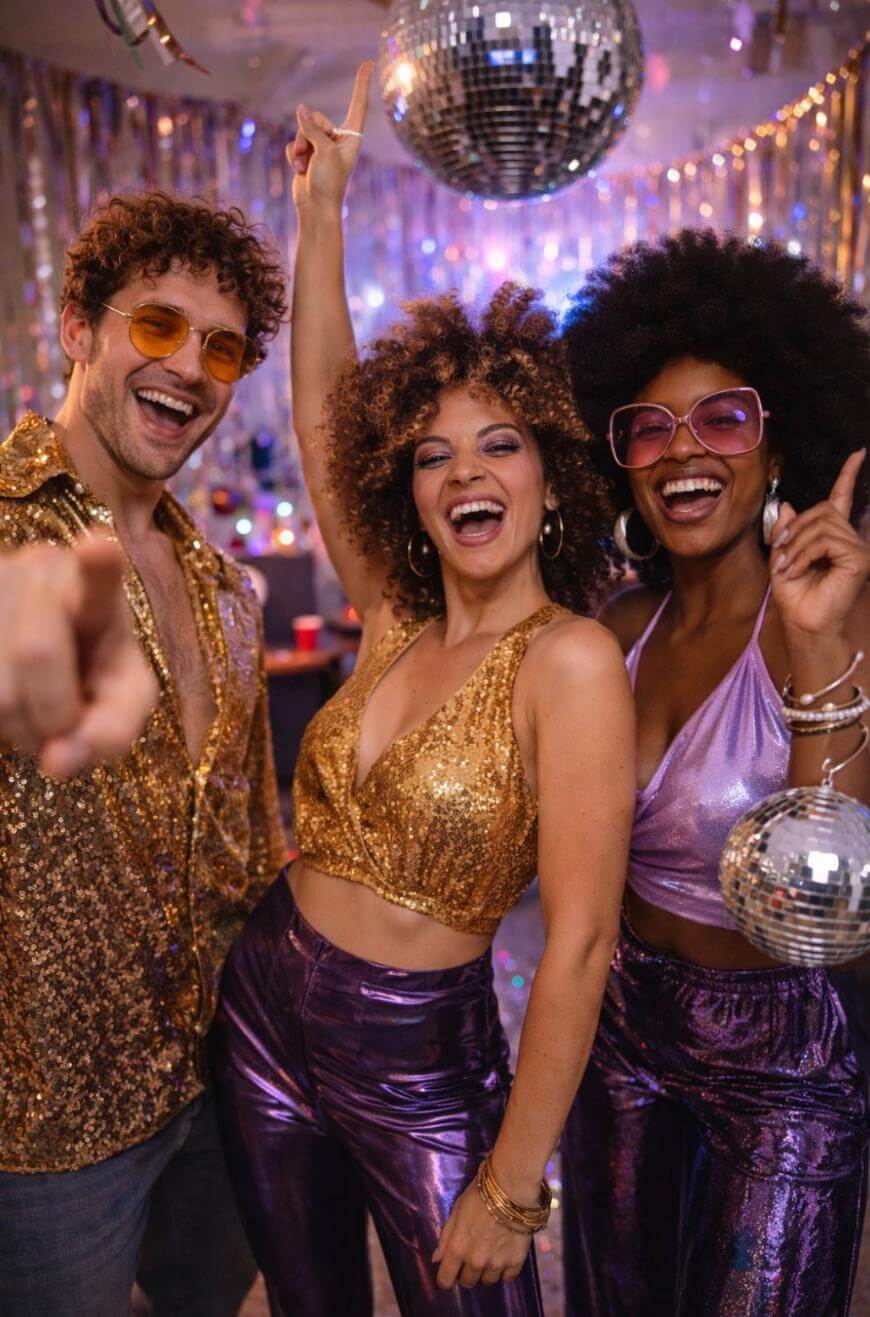 Three people in colorful, shiny 1970s-inspired outfits smile and pose at a disco party, with sparkling decorations and a disco ball in the background.