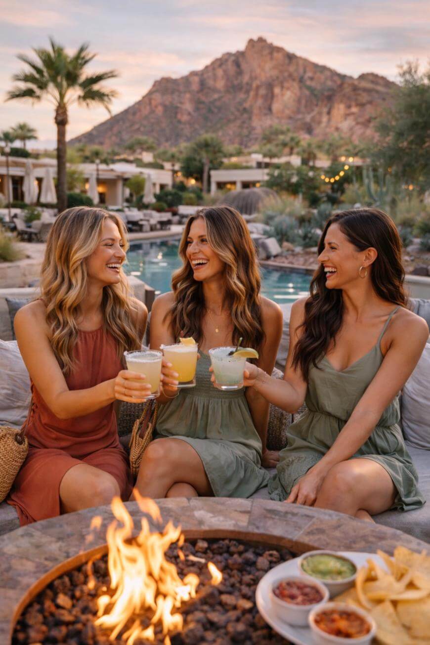 Three women in summer dresses sit by a fire pit, smiling and toasting drinks, with a pool, palm trees, and a mountain in the background. Bowls of salsa and guacamole are on the table in front of them.