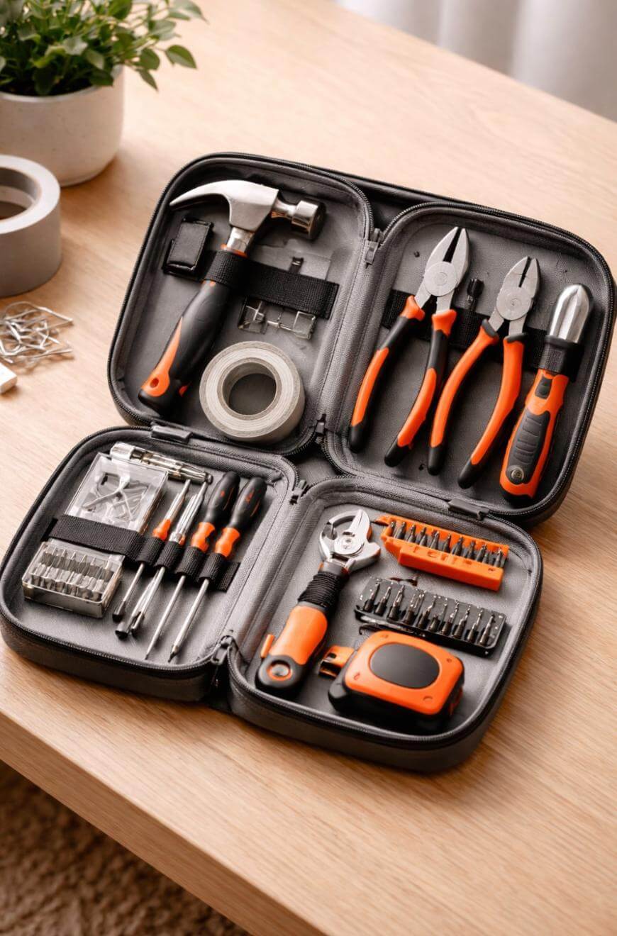 An open tool kit on a table displaying a hammer, pliers, screwdrivers, wrench, utility knife, scissors, tape, bits, and nails, all organized neatly in a zippered case with orange and black handles.