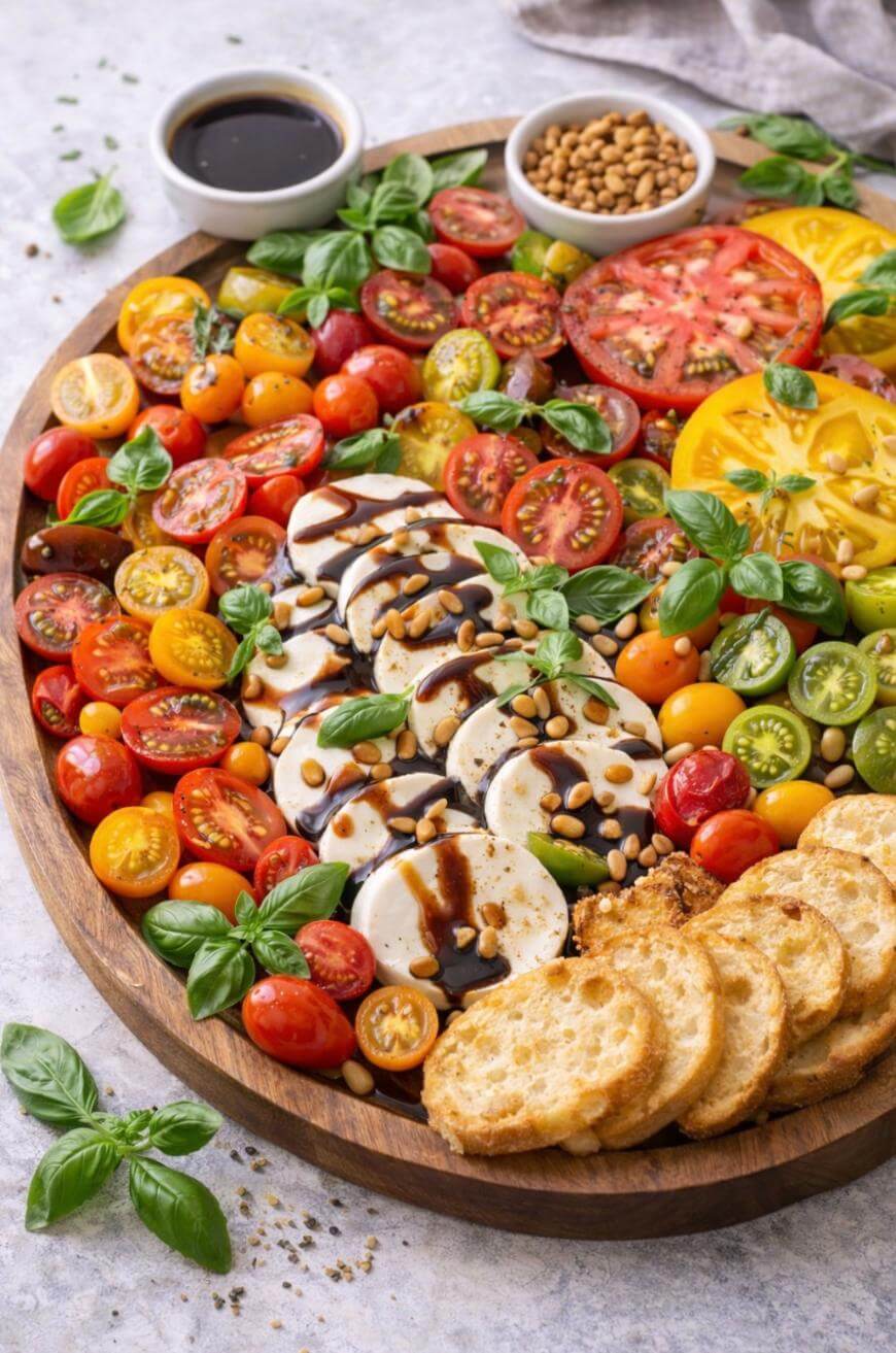 A round wooden platter with sliced tomatoes, mozzarella, fresh basil, bread slices, pine nuts, and a drizzle of balsamic glaze, with two small bowls of dressing and extra pine nuts in the background.