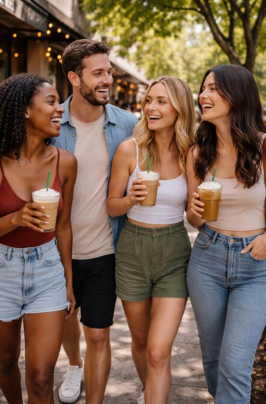 Four friends, three women and one man, walk outdoors on a sunny day, smiling and laughing while holding iced coffee drinks. Trees and cafe lights line the street in the background.