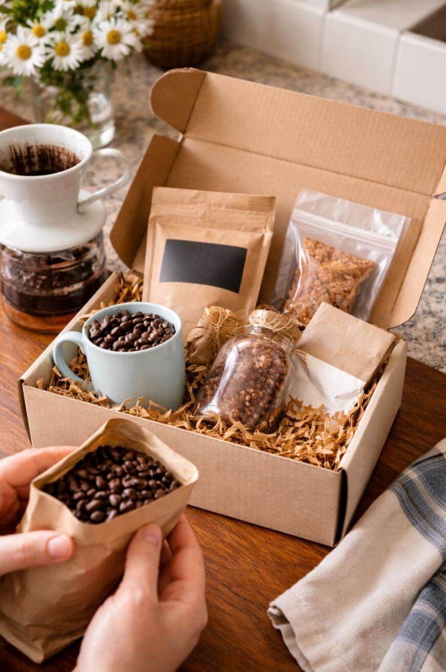 A gift box filled with coffee beans, a mug, a jar of granola, and packaged snacks on a wooden table. Hands hold a bag of coffee beans. Coffee brewing supplies and flowers are visible in the background.