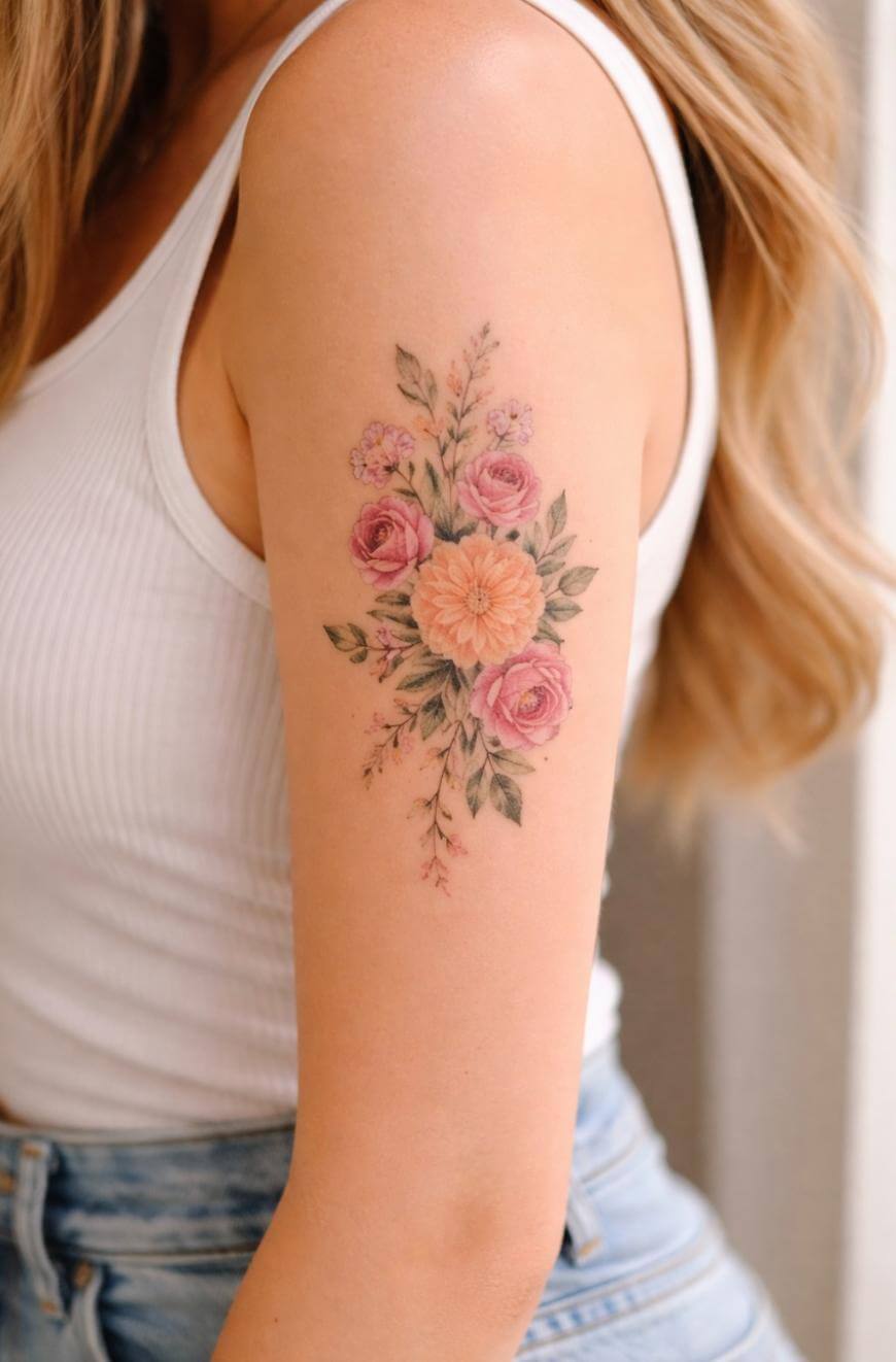 A person wearing a white sleeveless top and denim shorts displays a colorful floral tattoo on their upper arm, featuring pink and peach flowers with green leaves and delicate details.