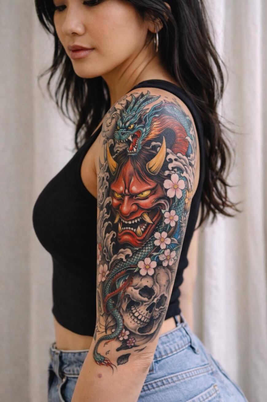 A woman with long dark hair wears a black tank top and jeans, showing a colorful sleeve tattoo featuring a Japanese oni mask, a blue dragon, cherry blossoms, and a skull on her upper arm.