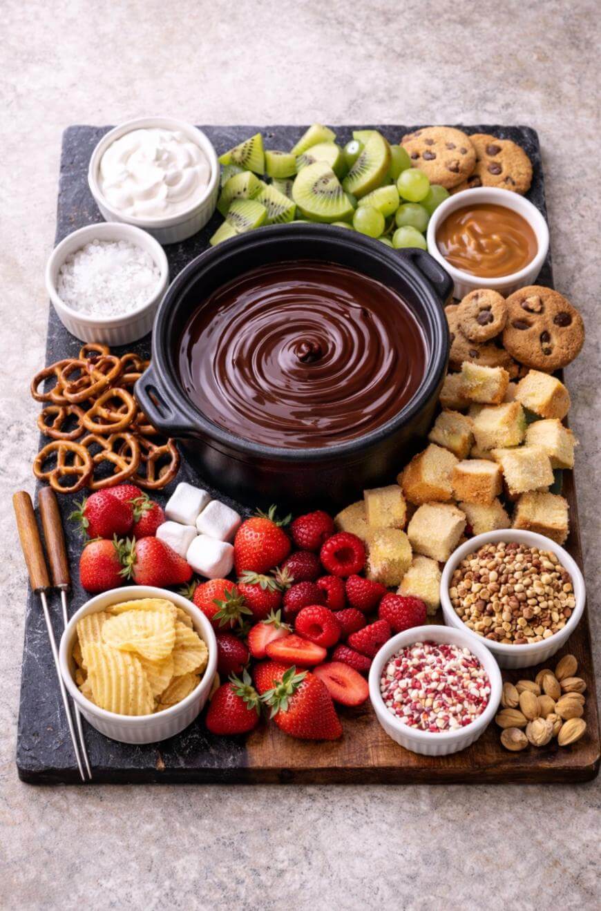 A tray with a bowl of chocolate fondue in the center, surrounded by strawberries, raspberries, cubed cake, cookies, kiwi, grapes, pretzels, potato chips, nuts, caramel sauce, whipped cream, and marshmallows.