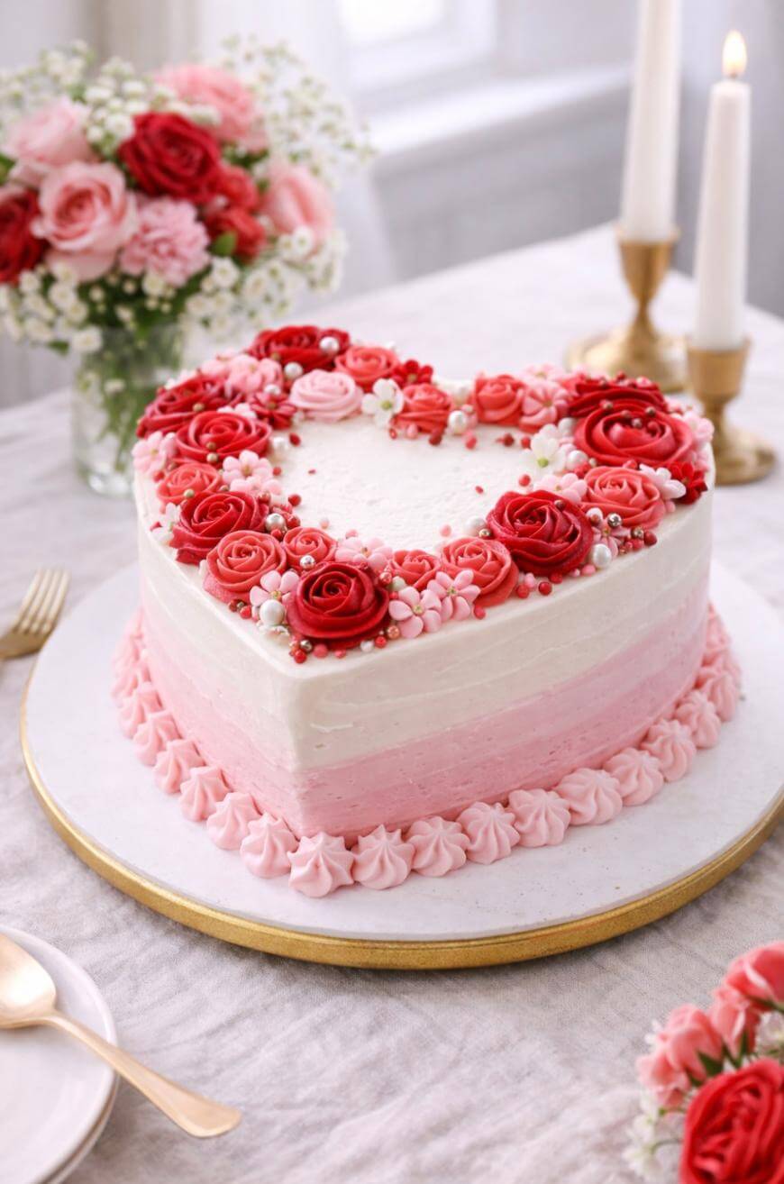 A heart-shaped cake with pink and white frosting, decorated with red and pink buttercream roses and small white pearls, sits on a white cake board. A flower bouquet and candles are in the background.