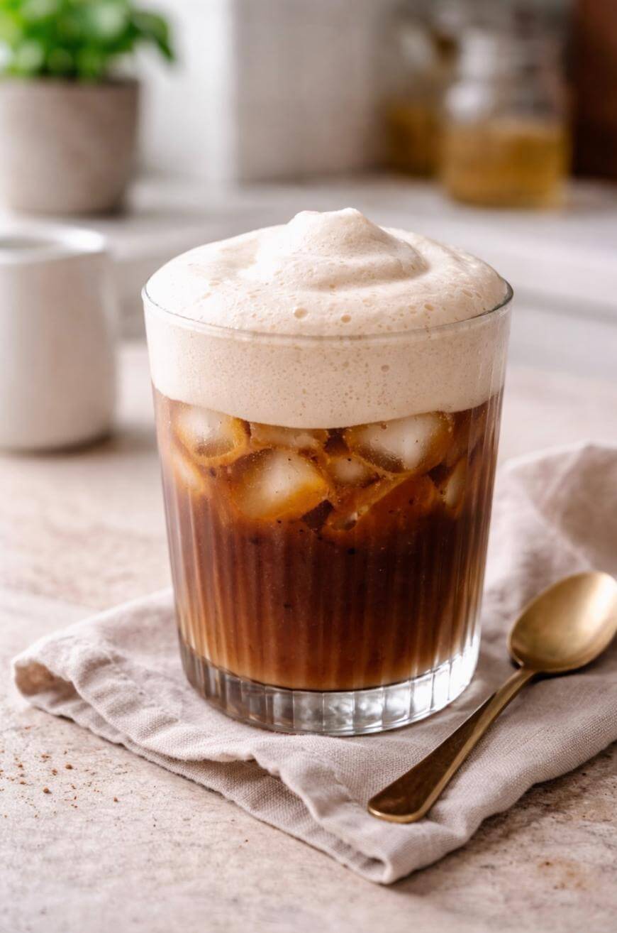 A glass of iced coffee topped with thick, creamy foam sits on a beige napkin with a gold spoon beside it. The background includes blurred kitchen items and a potted plant.
