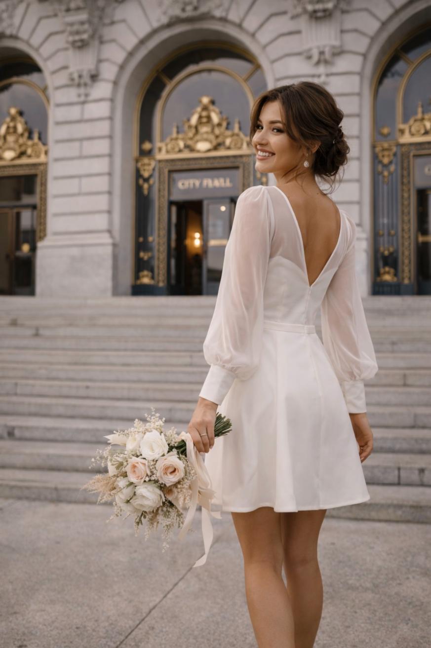 A smiling woman in a short white dress holds a bouquet of pale flowers while standing outside a grand building with ornate doors and stone steps.