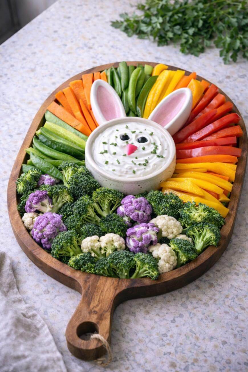 A wooden serving board with colorful sliced vegetables arranged around a bowl of dip decorated to look like a bunny face, complete with pink ears. Broccoli and cauliflower are placed at the bottom of the board.