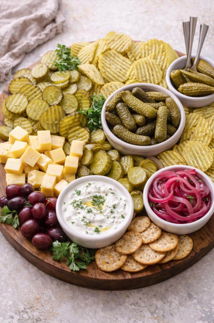 A wooden platter with potato chips, sliced pickles, cubed cheese, grapes, crackers, dip with herbs, pickled onions, and small pickles arranged in bowls, with parsley for garnish. Three small forks rest in a bowl.