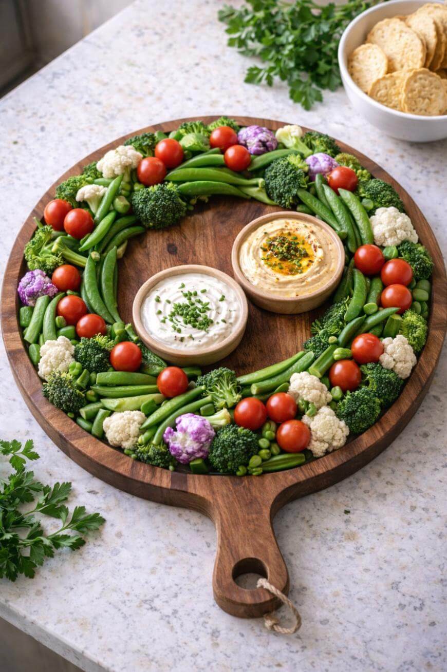 A round wooden serving board arranged with fresh vegetables like cherry tomatoes, broccoli, snap peas, cauliflower, and two dips in the center, creating a festive wreath shape. Crackers are in a bowl nearby.