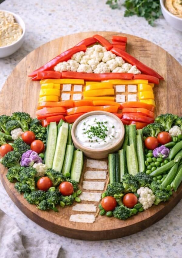 A round wooden board displays vegetables arranged to look like a house with a roof of red peppers, yellow pepper walls, cauliflower in the attic, a cucumber path, and broccoli, tomatoes, and dip as a garden in front.