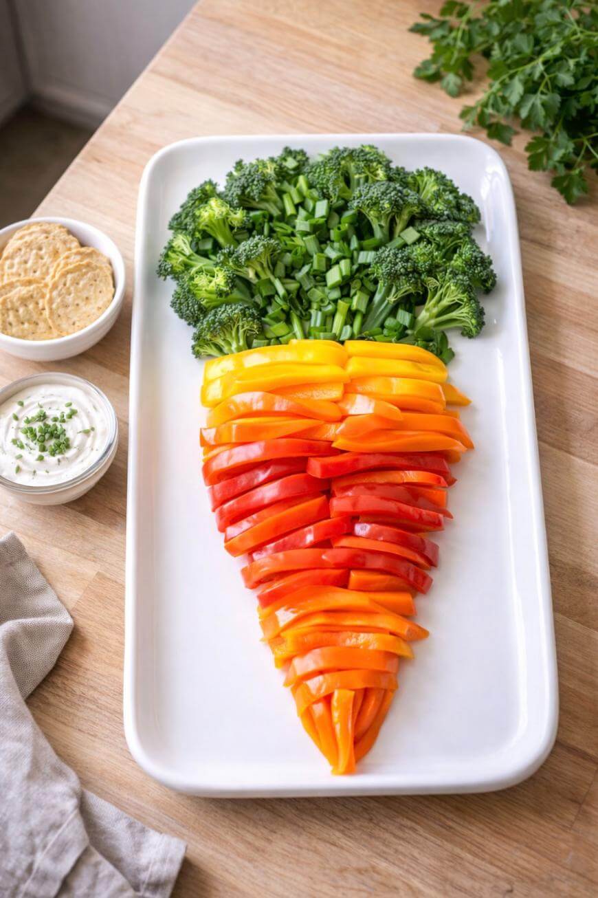 A platter arranged to look like a carrot, with broccoli and chopped green onions as the carrot top, and sliced yellow, orange, and red bell peppers forming the body, next to crackers and dip.