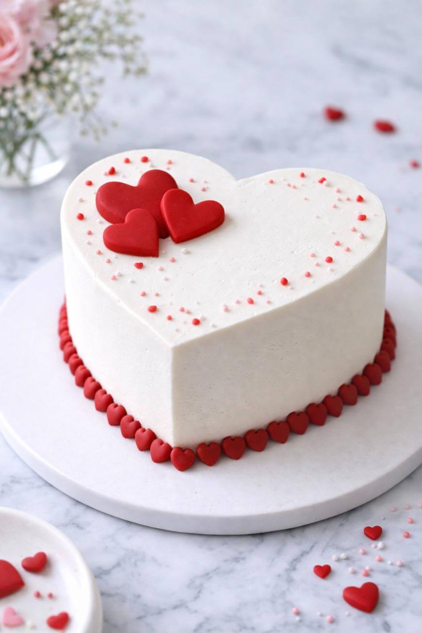 A heart-shaped white cake decorated with red fondant hearts on top and around the base, with small red and pink sprinkles. The cake sits on a white round board on a marble surface.