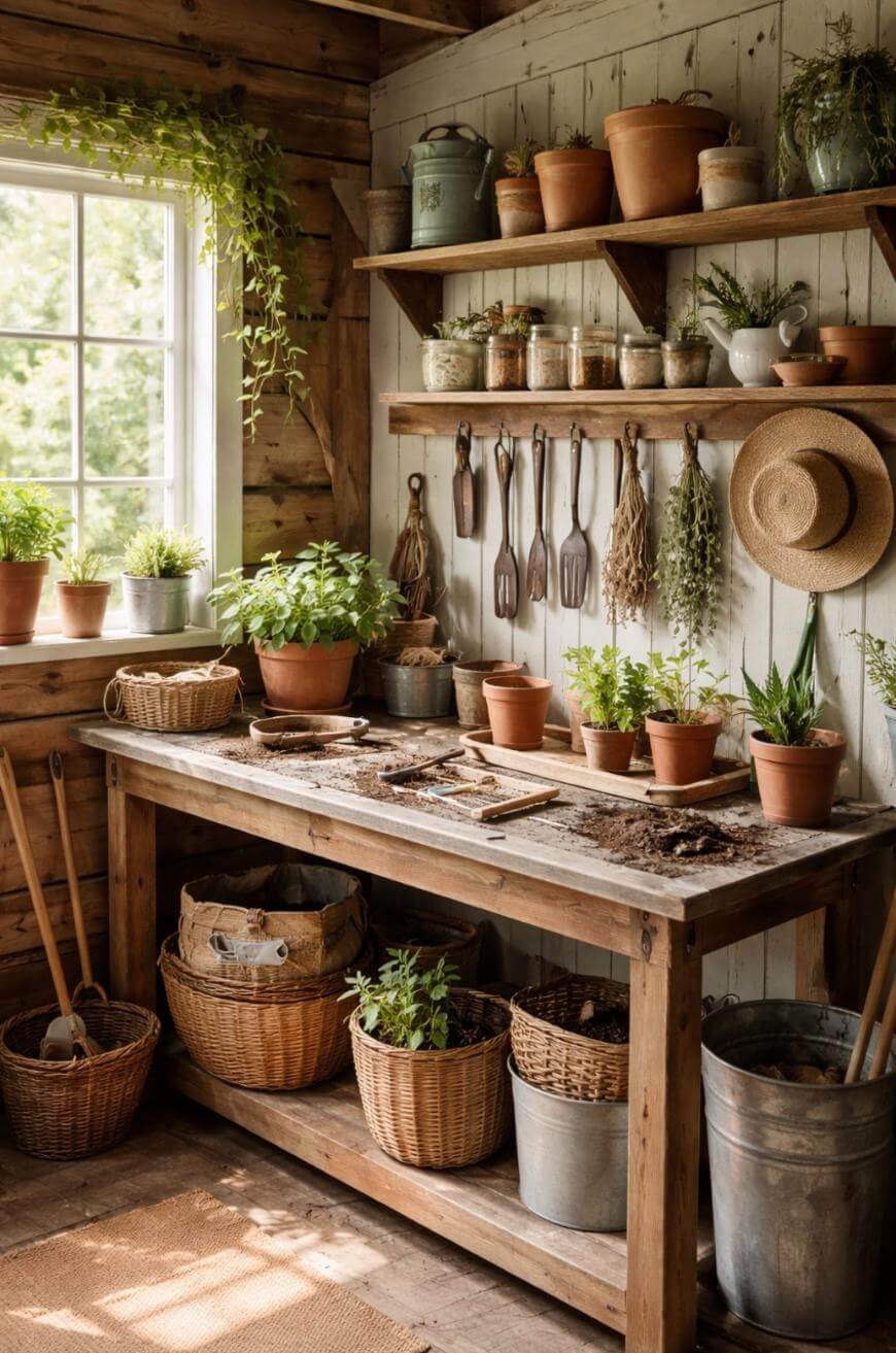 A rustic potting shed with wooden shelves holding terracotta pots, jars, and hanging garden tools. A workbench with potted plants and herbs sits beside baskets and a sunny window with lush green foliage outside.