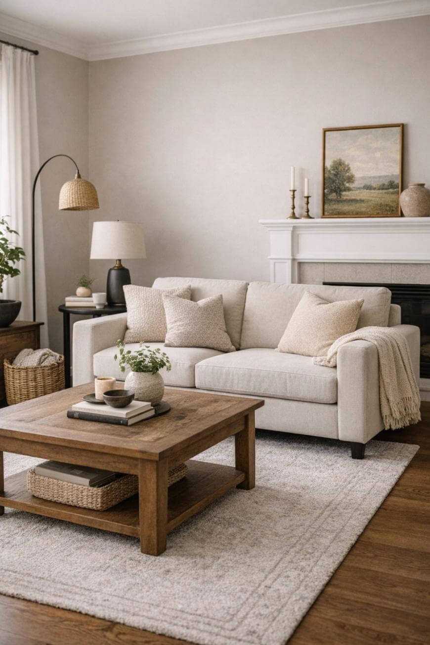 A cozy living room with a light beige sofa, neutral cushions, a wooden coffee table with books and a plant, a fireplace with candles and art, a floor lamp, woven baskets, and soft natural lighting.