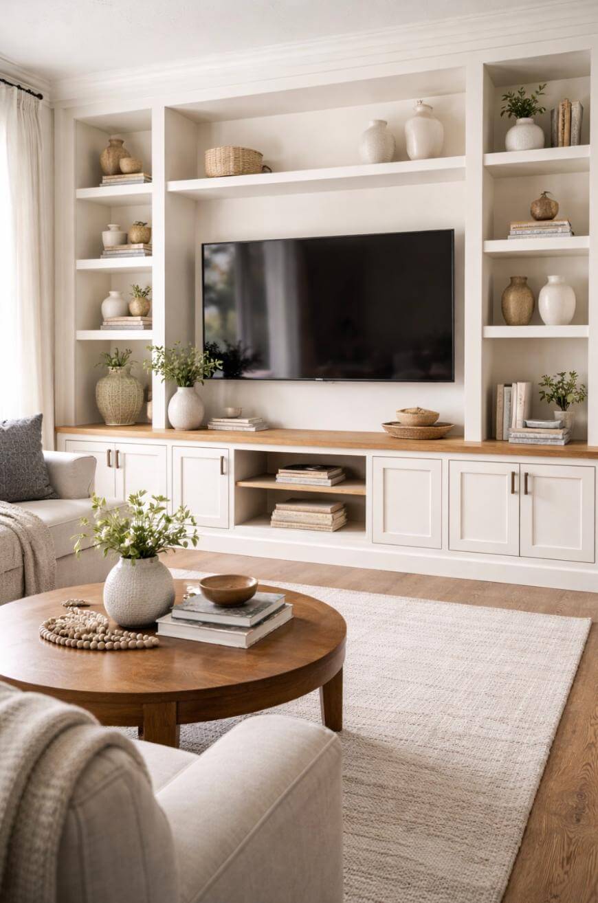 A modern living room with a wall-mounted TV, built-in shelves decorated with vases, books, and plants, and light-colored furniture around a wooden coffee table on a light area rug.