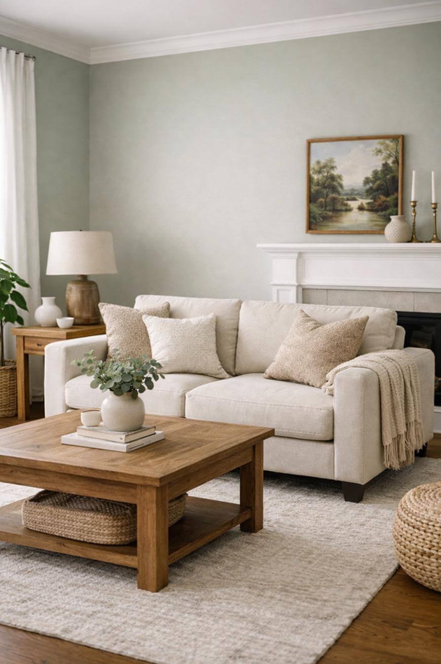 A cozy living room with a beige sofa, neutral pillows, a wooden coffee table with books and a vase, a lamp on a side table, a woven basket, and a fireplace with a landscape painting above it.