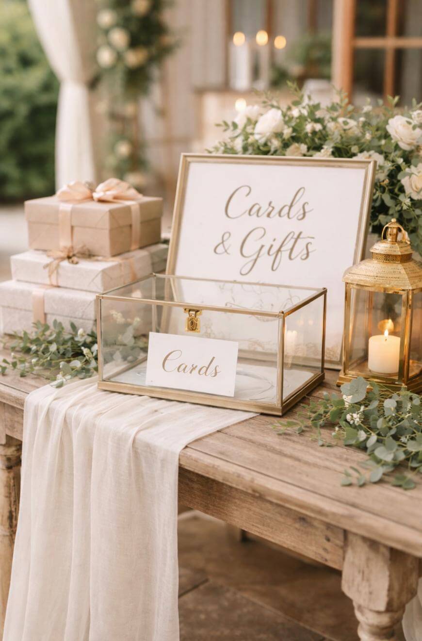 A rustic table decorated with greenery holds wrapped gifts, a gold lantern with a lit candle, a glass box labeled Cards, and a framed sign reading Cards & Gifts. A white cloth is draped across the table.