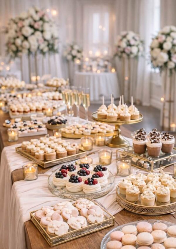 A long dessert table at an elegant event displays assorted pastries, cupcakes, macarons, and berries, surrounded by candles and large floral arrangements in a softly lit room.