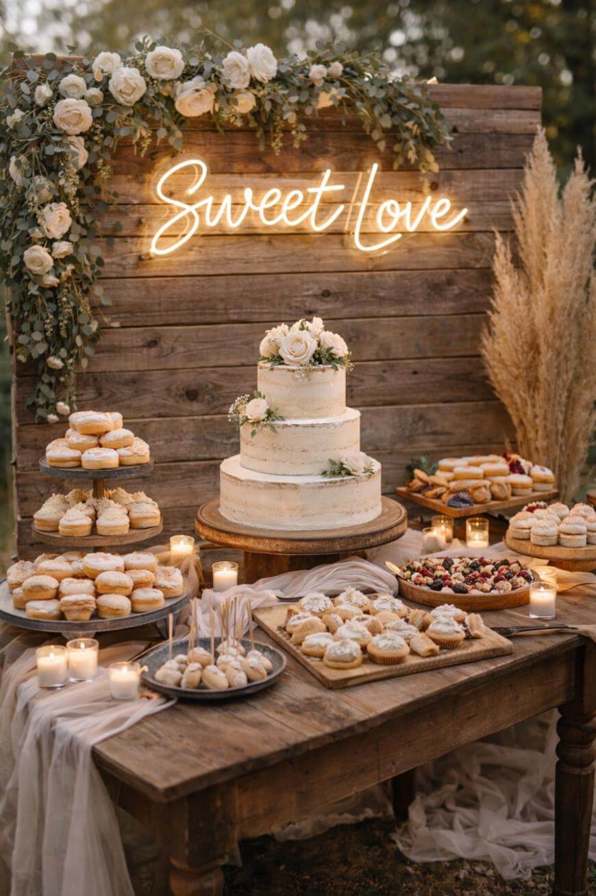 A rustic dessert table features a white wedding cake with flowers, surrounded by pastries, candles, and greenery, with a wooden backdrop and a neon “Sweet Love” sign above.