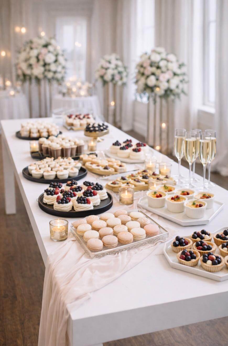 A white table set with elegant desserts, macarons, fruit tarts, and glasses of champagne, surrounded by candles and floral arrangements in a bright, decorated room.