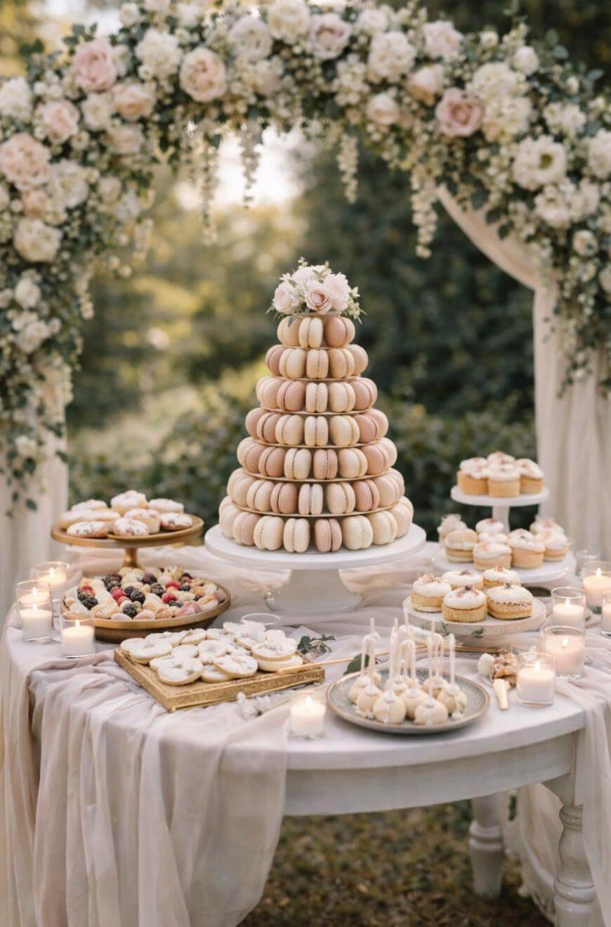 An elegant outdoor dessert table features a large macaron tower, assorted pastries, cookies, and candles, set beneath a floral arch decorated with white and blush flowers and greenery.