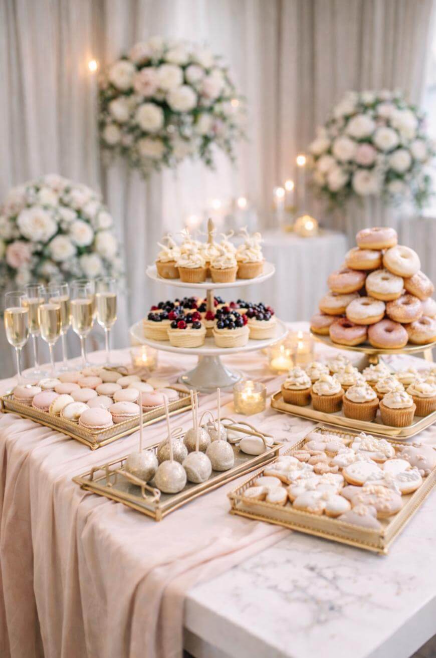 Elegant dessert table with tiered trays of cupcakes, donuts, cake pops, and pastries, surrounded by glasses of champagne. Floral arrangements and candles decorate the background, creating a luxurious, romantic atmosphere.
